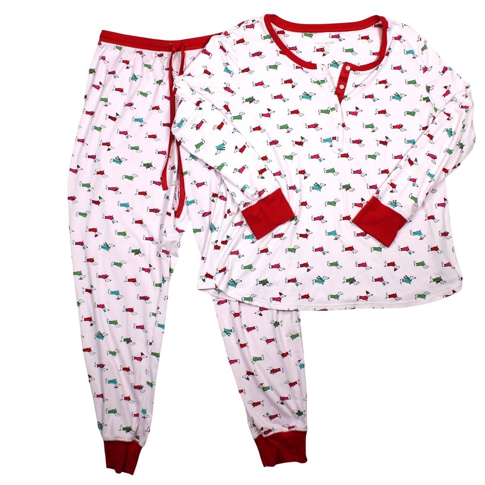 Kate Spade Pajama Set Womens XL Pink Dachshund Dog Cozy Sleepwear Top Bottoms